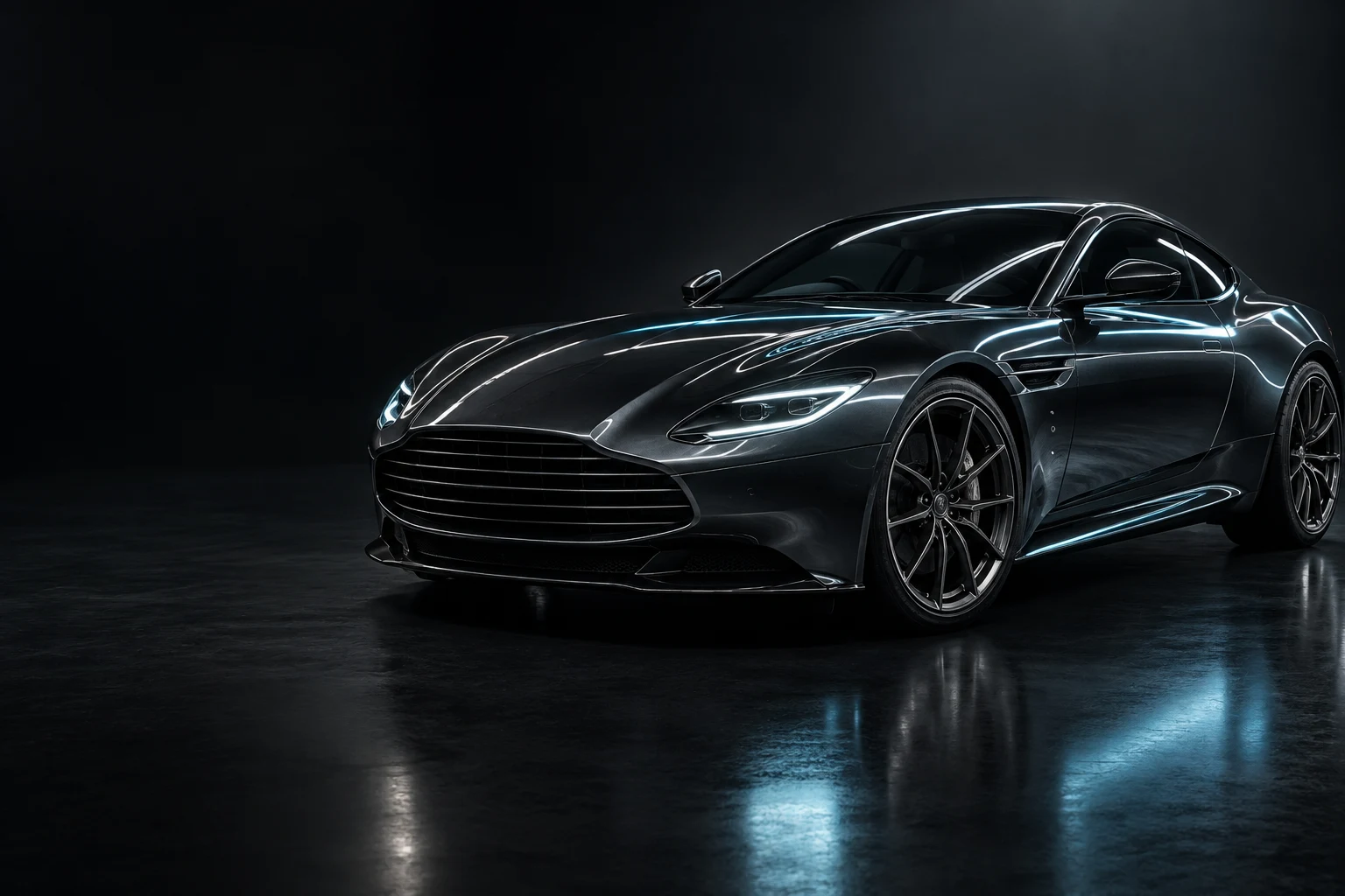 Glossy graphite sports coupe in a dark studio, illustrative artwork